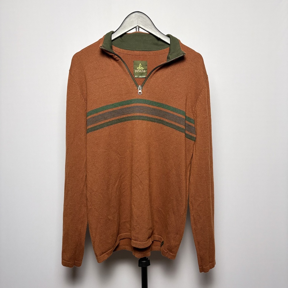 prAna Irwin Men's 1/4 Quarter Zip Sweater Orange Size Medium Wool Blend Striped